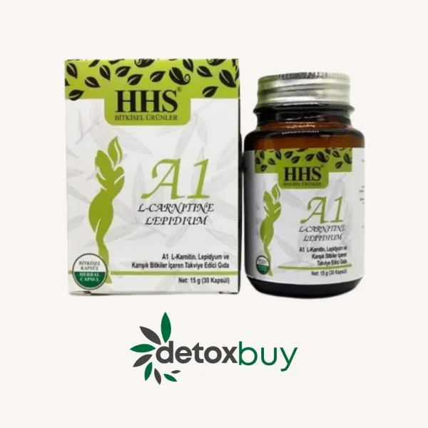 HHS A1 Detox Capsule – A natural supplement with L-Carnitine, Maca Root, Cardamom, and Garcinia Cambogia to enhance metabolism, aid digestion, and support fat loss.