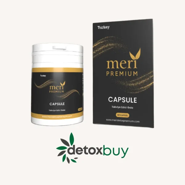 Meri Premium Detox Capsule – A plant-based supplement with Rice Husk, Rosemary, Broccoli, and L-Carnitine to enhance metabolism, digestion, and detoxification.